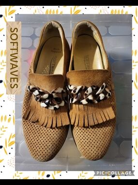 Softwaves Tan Suede Fringe Loafers with Tortoiseshell Chain